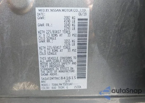 2019 Nissan Rogue S z USA, uszkodzony, nr VIN 5N1AT2MT9KC841615